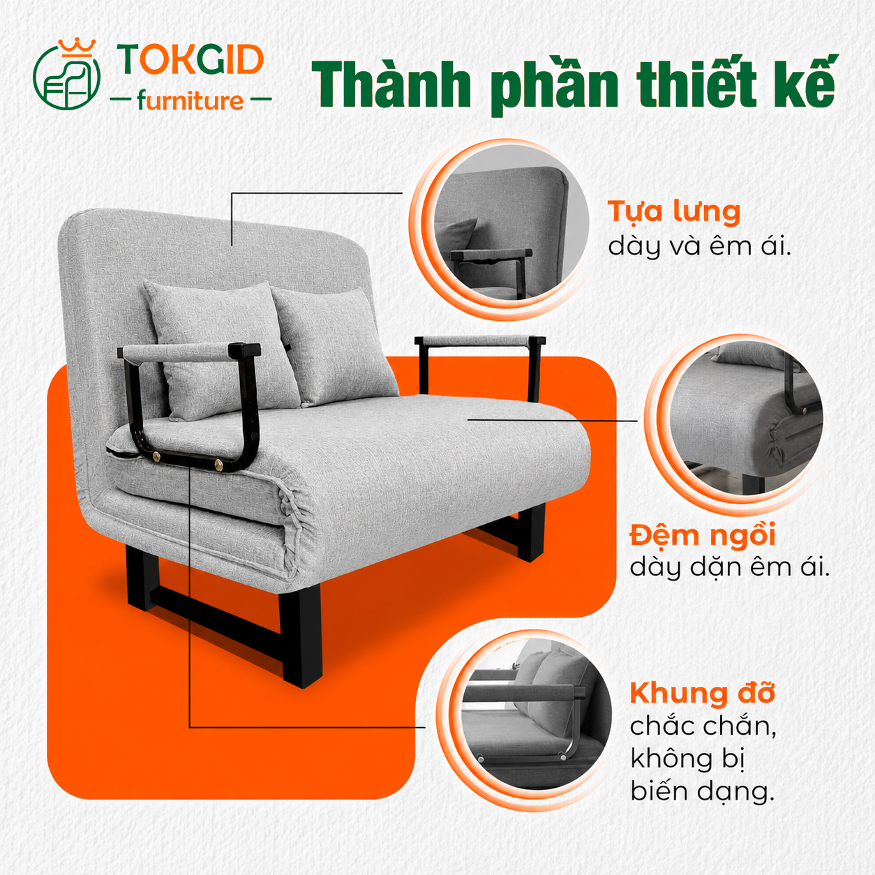 Chi tiết thành phần thiết kế của sofa giường Tokgid